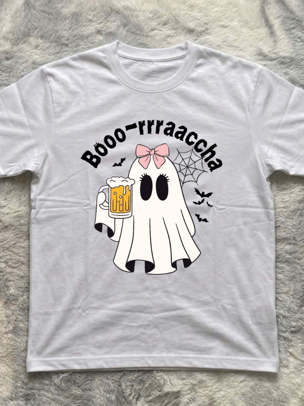 Gildan White Tee with Cute Ghost and Pink Bow Graphic